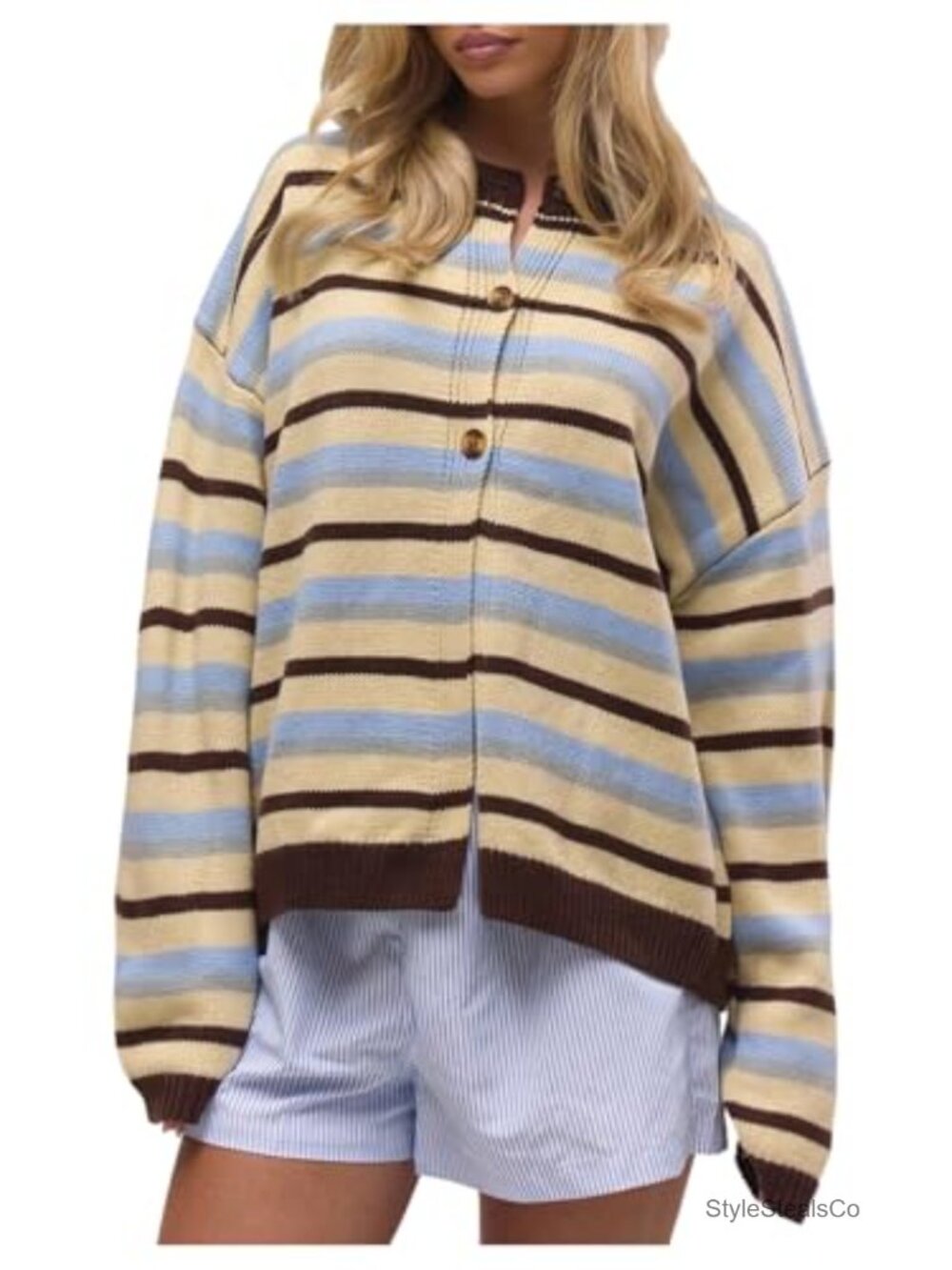 Striped Button-Front Cardigan Sweater - Cream & Light Blue